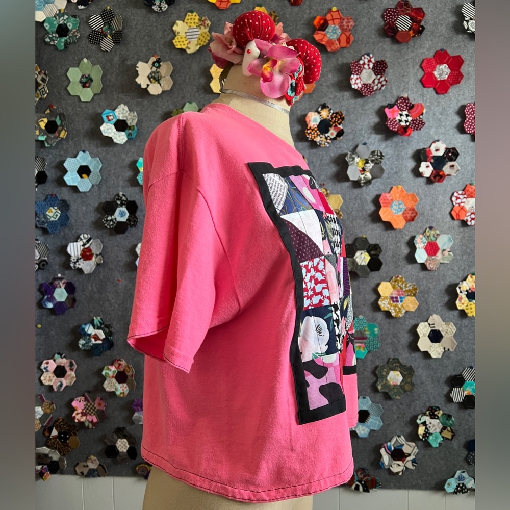 Neon Pink Bright Patchwork Crop Tee - Picture 8 of 16